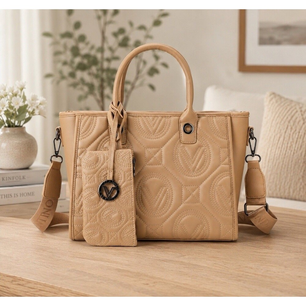 Valentino Orlandi Kayla Large Taupe Quilted Tote Bag Purse W/ Pouch NWT